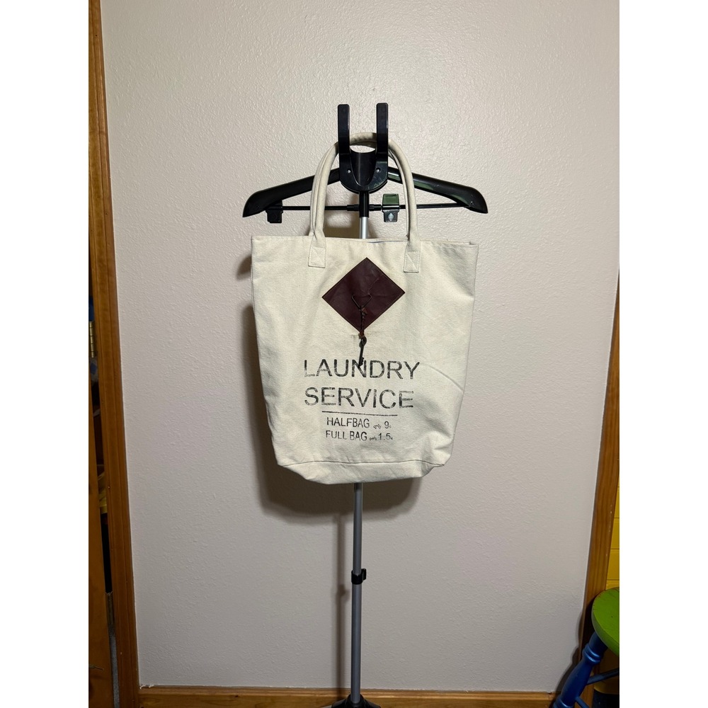Laundry Service Canvas Tote Bag Cream Leather Patch Skeleton Key Ticking Stripe